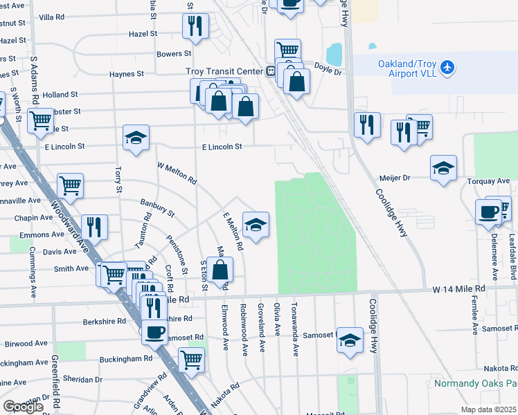 map of restaurants, bars, coffee shops, grocery stores, and more near 1551 Cheltenham Road in Birmingham