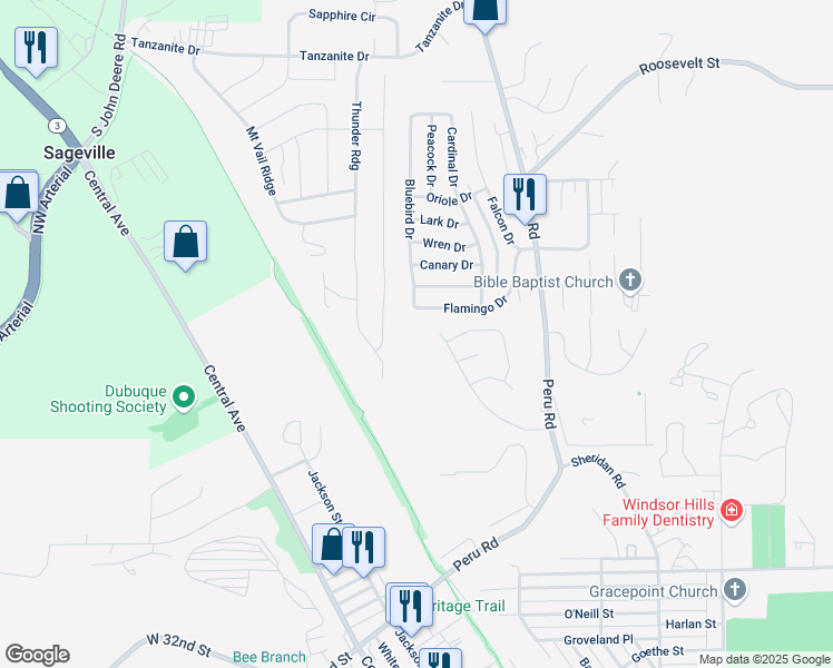 map of restaurants, bars, coffee shops, grocery stores, and more near 4101-4115 Bluebird Drive in Dubuque