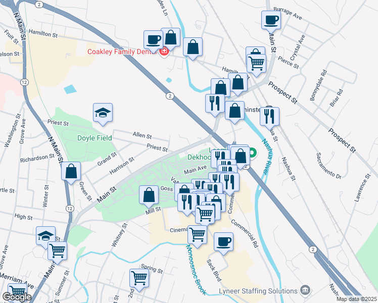 map of restaurants, bars, coffee shops, grocery stores, and more near 380 Main Street in Leominster
