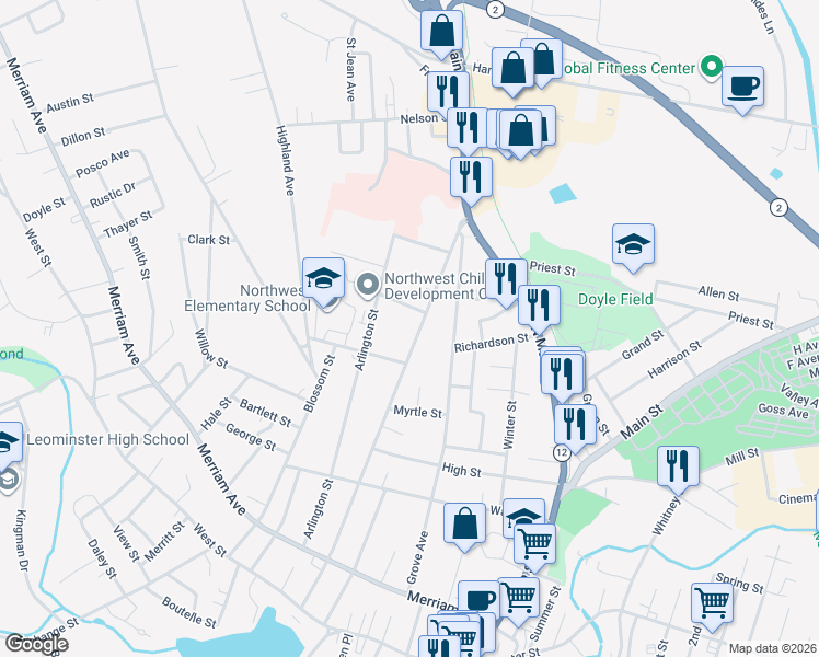 map of restaurants, bars, coffee shops, grocery stores, and more near 234 Washington Street in Leominster