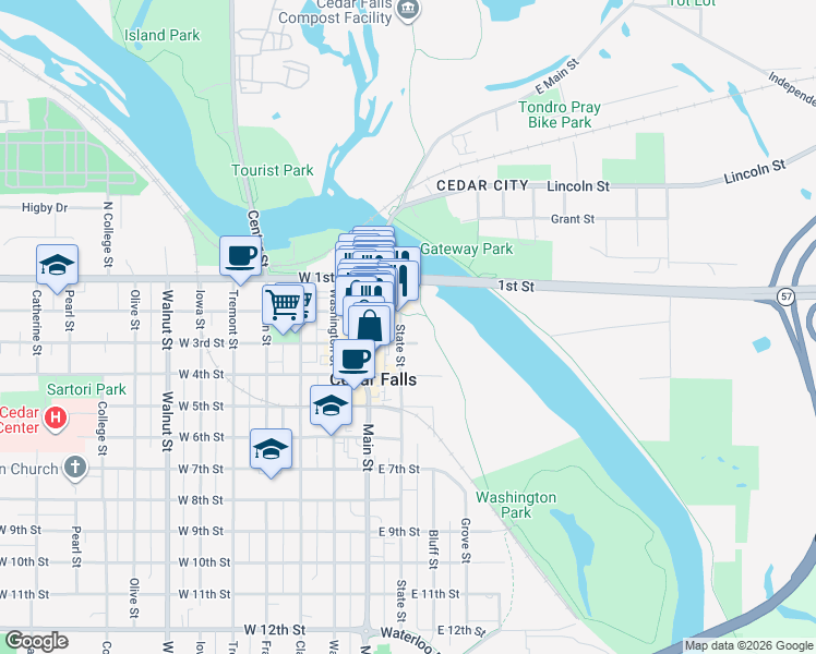 map of restaurants, bars, coffee shops, grocery stores, and more near 250 State Street in Cedar Falls