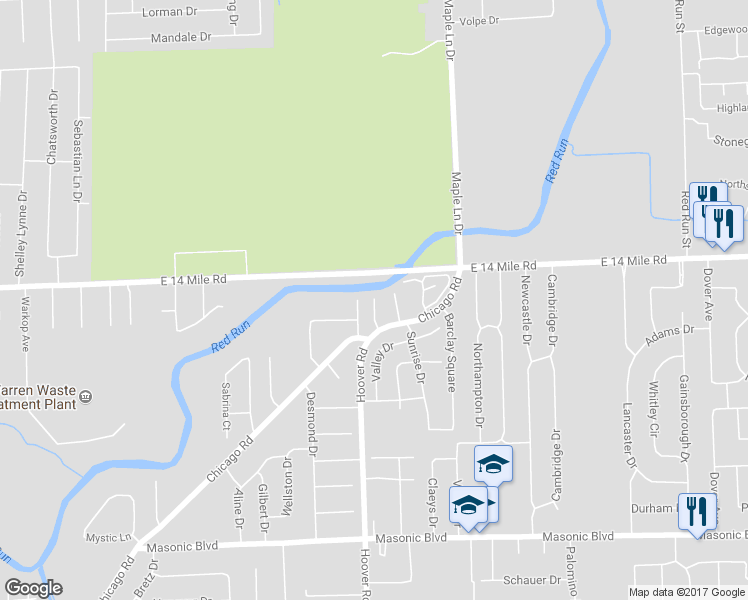 map of restaurants, bars, coffee shops, grocery stores, and more near 32995 Pineview Court in Warren