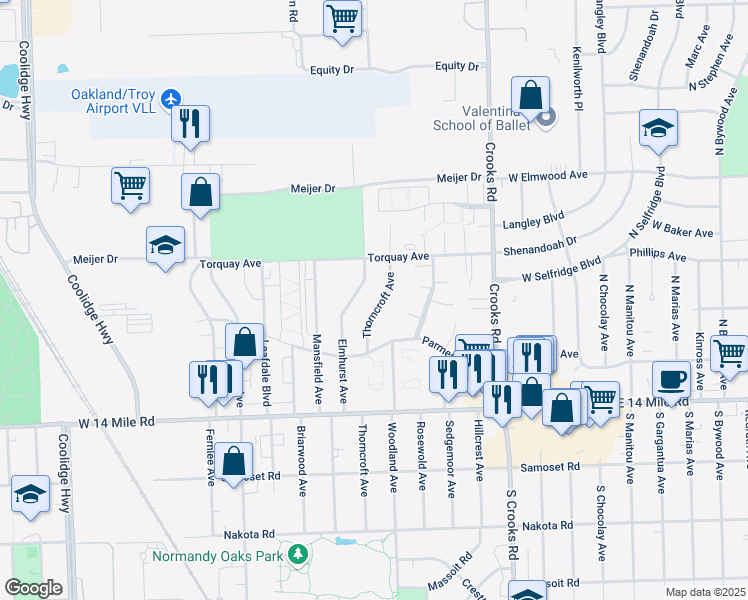 map of restaurants, bars, coffee shops, grocery stores, and more near 5079 Elmhurst Avenue in Royal Oak
