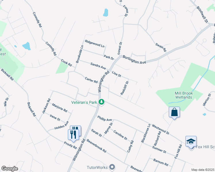 map of restaurants, bars, coffee shops, grocery stores, and more near 130 Wilmington Road in Burlington