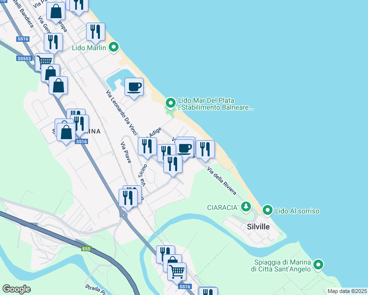 map of restaurants, bars, coffee shops, grocery stores, and more near 11 Viale Tevere in Silvi