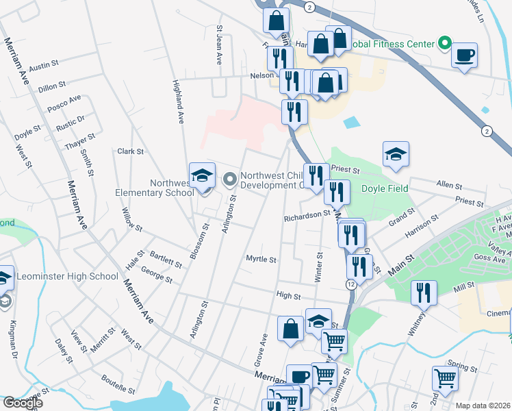 map of restaurants, bars, coffee shops, grocery stores, and more near 234 Washington Street in Leominster