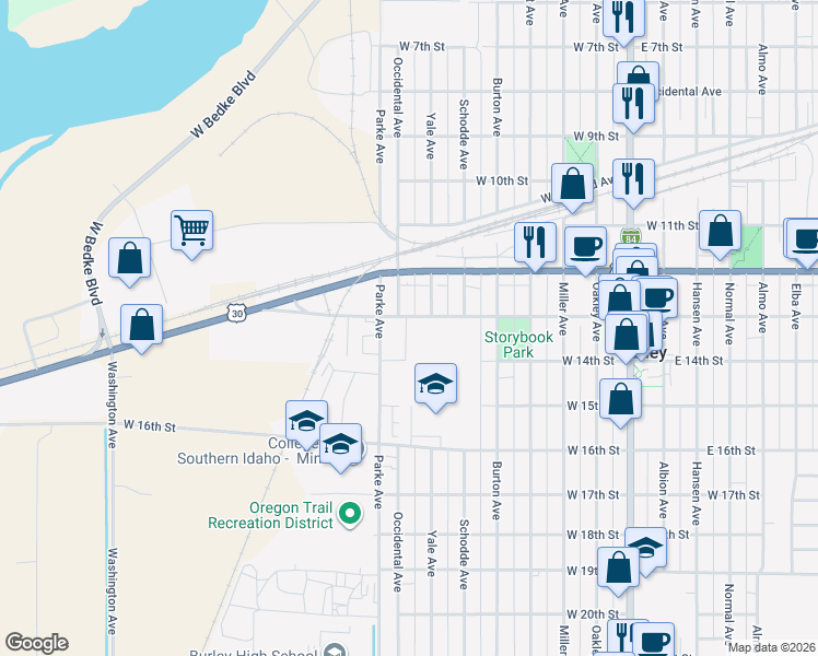 map of restaurants, bars, coffee shops, grocery stores, and more near 727 West 13th Street in Burley