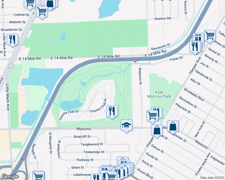 map of restaurants, bars, coffee shops, grocery stores, and more near 918 Country Club Drive in St. Clair Shores