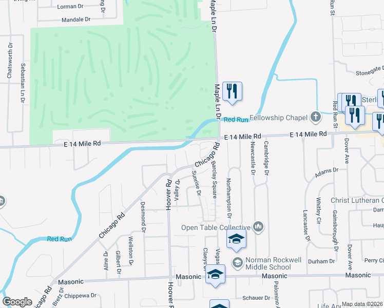 map of restaurants, bars, coffee shops, grocery stores, and more near 11904 Maple Lane Circle in Warren