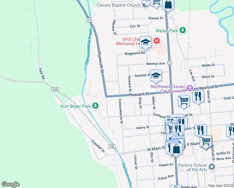 map of restaurants, bars, coffee shops, grocery stores, and more near 84-88 Canasawacta Street in Norwich