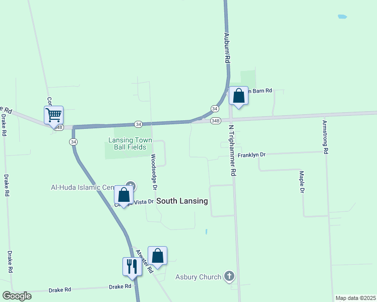 map of restaurants, bars, coffee shops, grocery stores, and more near 105 Auburn Road in Lansing