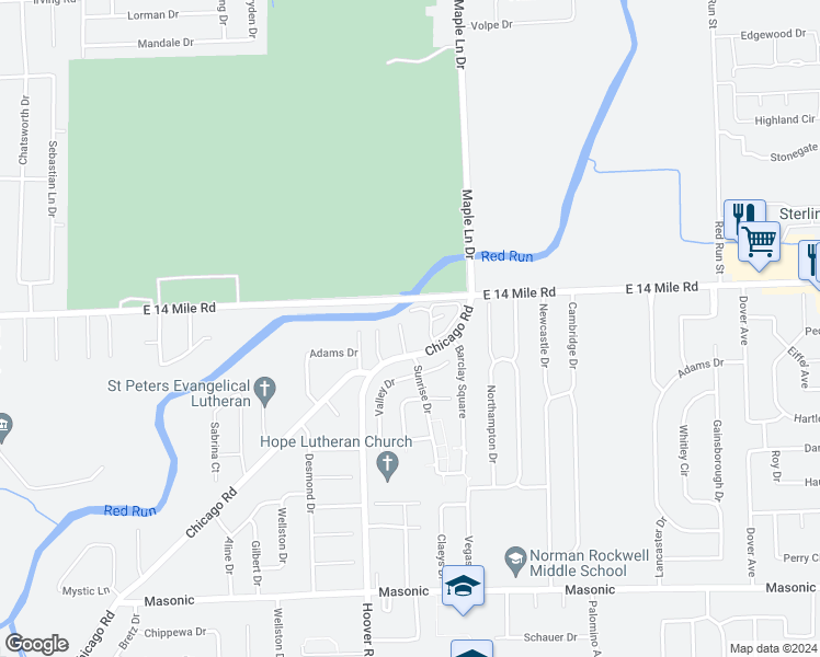 map of restaurants, bars, coffee shops, grocery stores, and more near 32982 Cedar Ridge Court in Warren