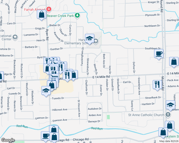 map of restaurants, bars, coffee shops, grocery stores, and more near 33088 Shrewsbury Drive in Sterling Heights