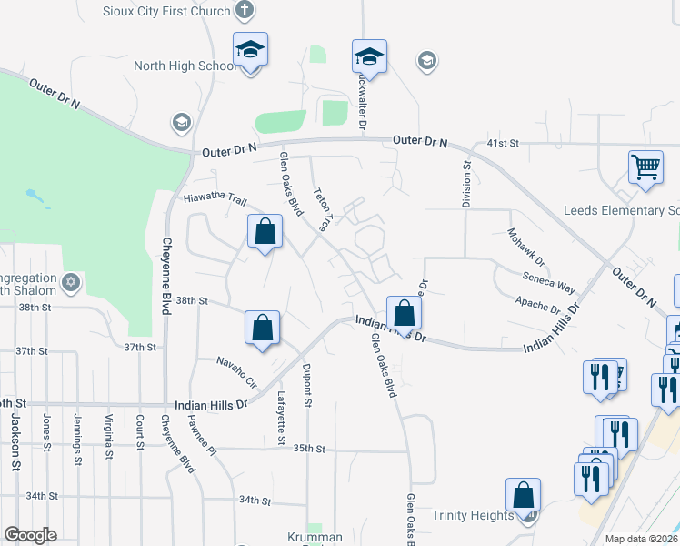 map of restaurants, bars, coffee shops, grocery stores, and more near 3825 Glen Oaks Boulevard in Sioux City