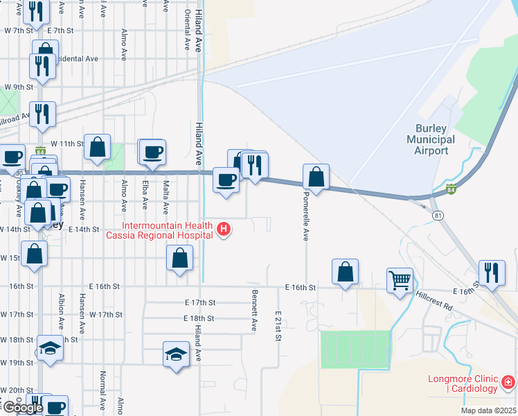 map of restaurants, bars, coffee shops, grocery stores, and more near 1301 Bennett Avenue in Burley