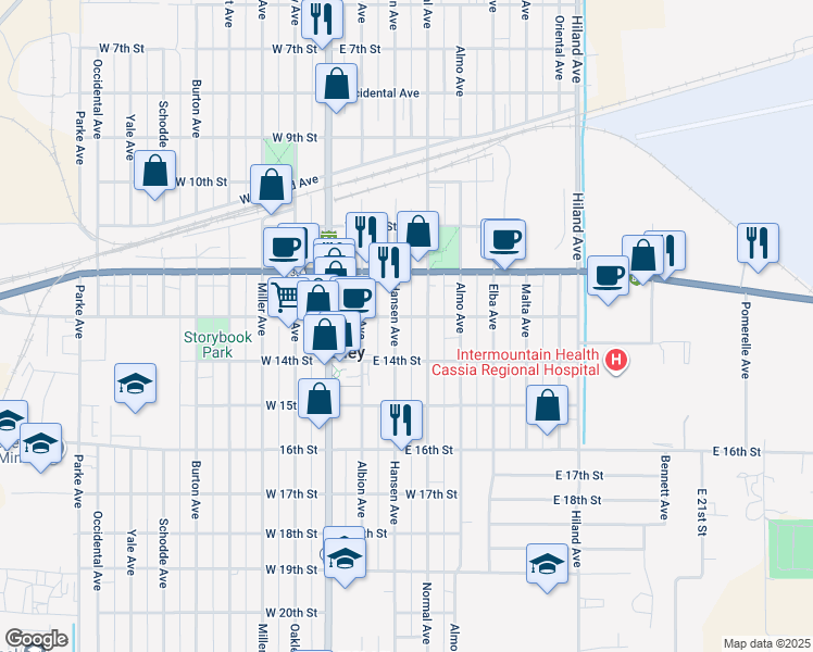 map of restaurants, bars, coffee shops, grocery stores, and more near 1259 Hansen Avenue in Burley