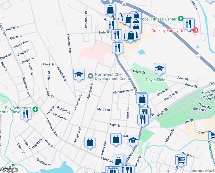 map of restaurants, bars, coffee shops, grocery stores, and more near 234 Washington Street in Leominster