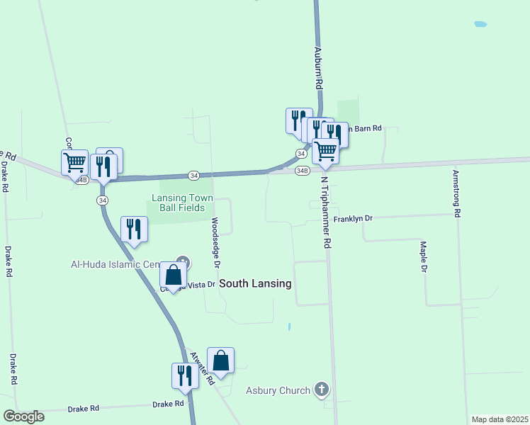 map of restaurants, bars, coffee shops, grocery stores, and more near 105 Auburn Road in Lansing