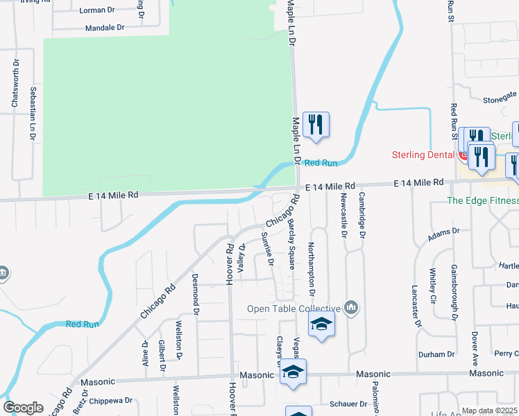 map of restaurants, bars, coffee shops, grocery stores, and more near 11904 Maple Lane Circle in Warren