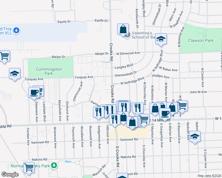 map of restaurants, bars, coffee shops, grocery stores, and more near 5025 Crooks Road in Royal Oak