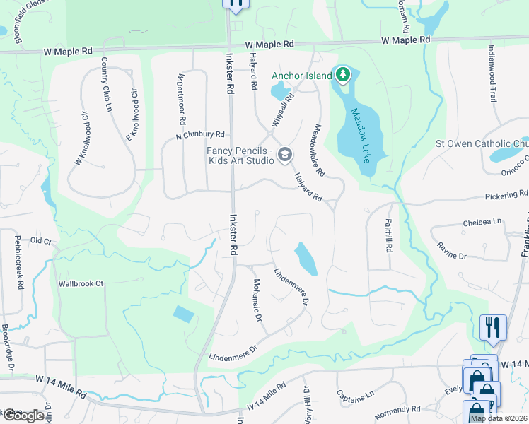 map of restaurants, bars, coffee shops, grocery stores, and more near 4847 Wye Oak Road in Bloomfield Hills