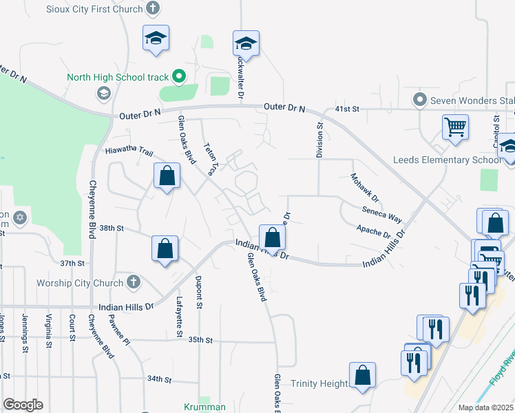 map of restaurants, bars, coffee shops, grocery stores, and more near 3800 Glen Oaks Boulevard in Sioux City
