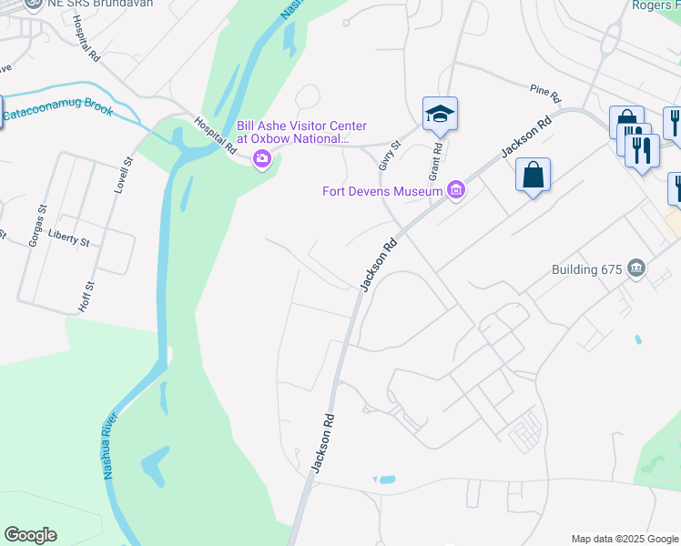 map of restaurants, bars, coffee shops, grocery stores, and more near 65 Jackson Road in Devens