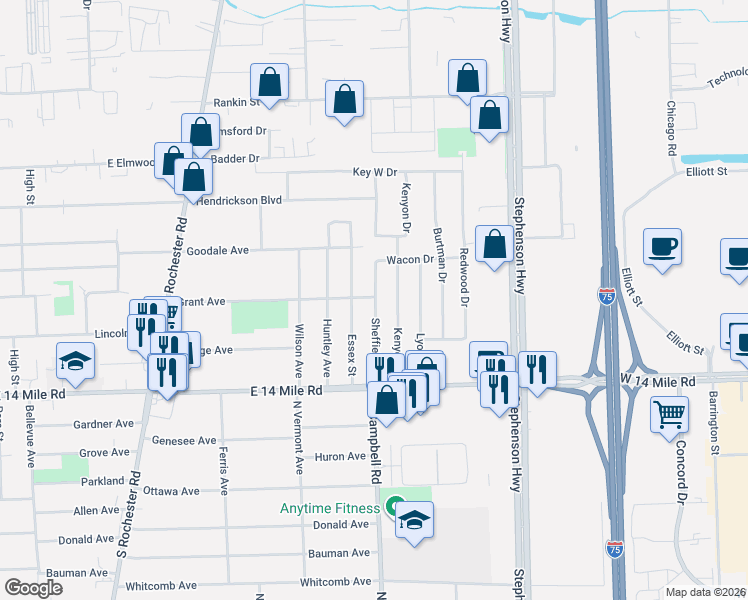 map of restaurants, bars, coffee shops, grocery stores, and more near 416 Essex Street in Clawson