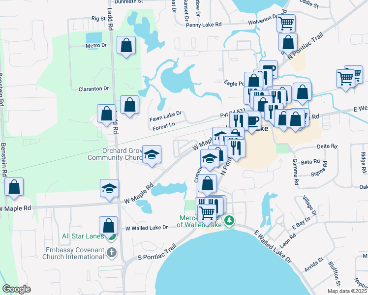 map of restaurants, bars, coffee shops, grocery stores, and more near 414 Legato Drive in Walled Lake