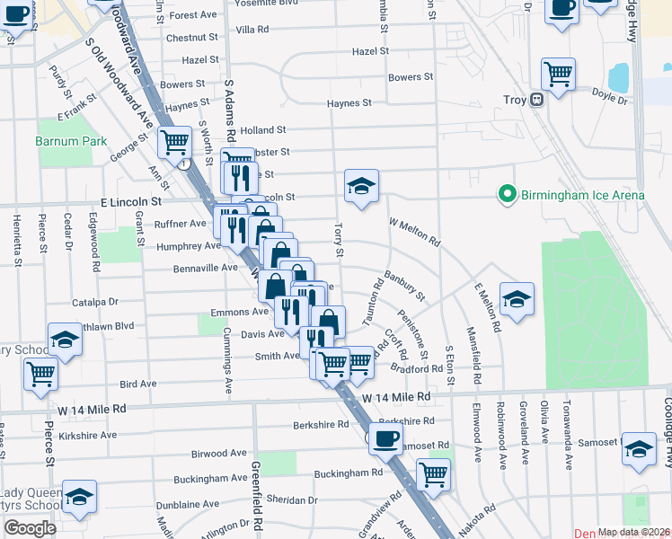 map of restaurants, bars, coffee shops, grocery stores, and more near 1587 Bennaville Avenue in Birmingham