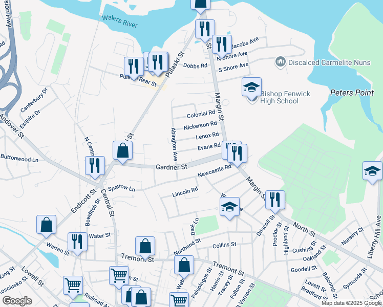 map of restaurants, bars, coffee shops, grocery stores, and more near 33 Evans Road in Peabody