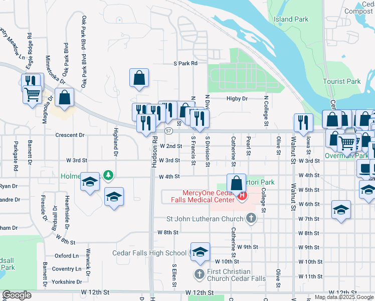 map of restaurants, bars, coffee shops, grocery stores, and more near 1421 West 2nd Street in Cedar Falls