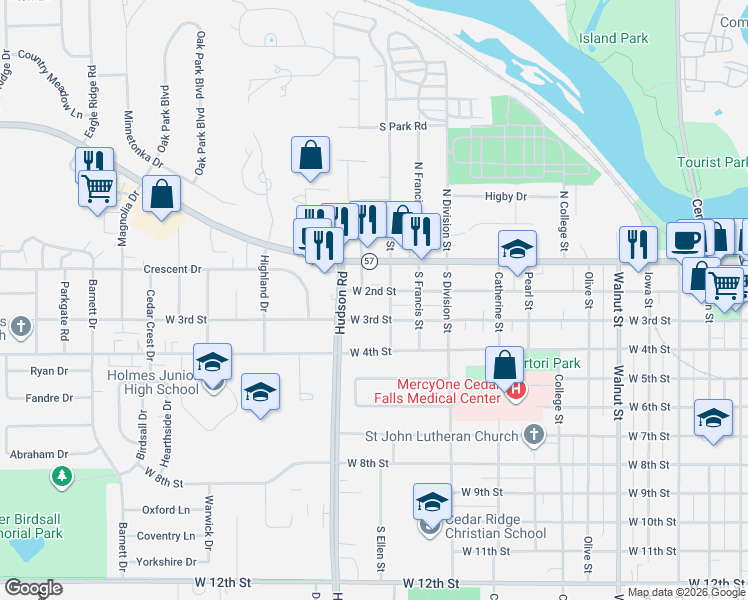 map of restaurants, bars, coffee shops, grocery stores, and more near 1604 West 2nd Street in Cedar Falls