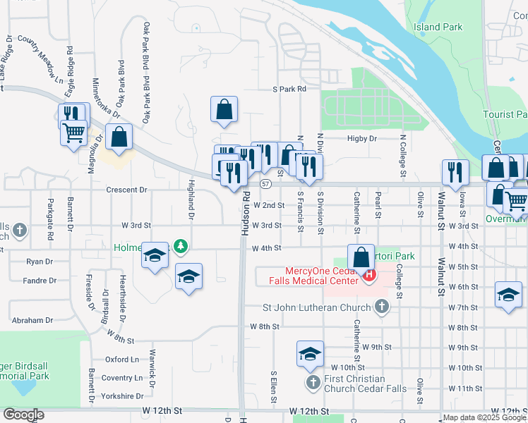 map of restaurants, bars, coffee shops, grocery stores, and more near 1604 West 2nd Street in Cedar Falls