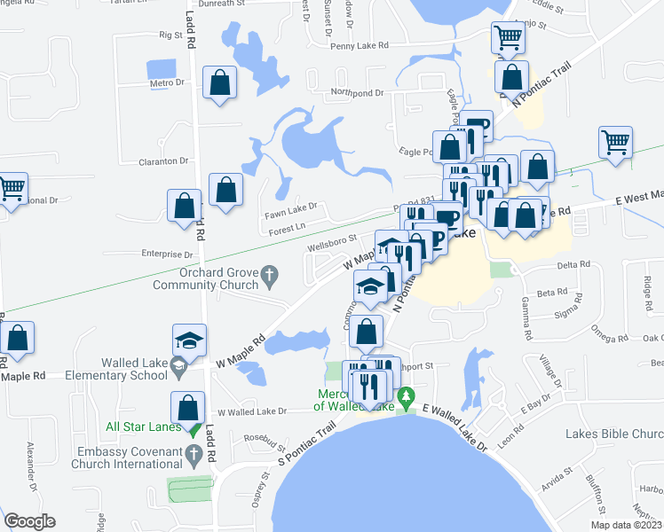 map of restaurants, bars, coffee shops, grocery stores, and more near 113 Legato Drive in Walled Lake