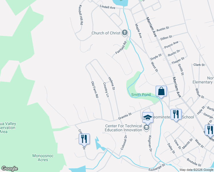 map of restaurants, bars, coffee shops, grocery stores, and more near 109 Country Lane in Leominster