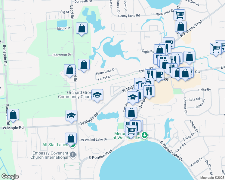 map of restaurants, bars, coffee shops, grocery stores, and more near 414 Legato Drive in Walled Lake