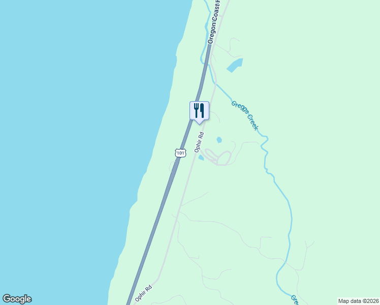 map of restaurants, bars, coffee shops, grocery stores, and more near Ophir Road in Gold Beach