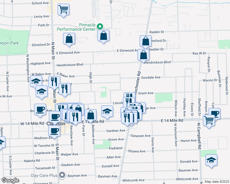 map of restaurants, bars, coffee shops, grocery stores, and more near 639 Lerner Avenue in Clawson