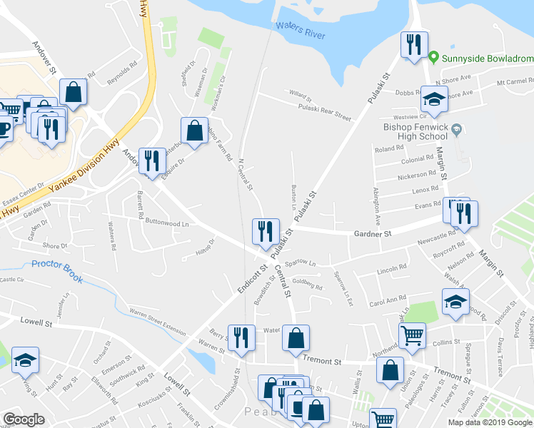 map of restaurants, bars, coffee shops, grocery stores, and more near 17 North Central Street in Peabody