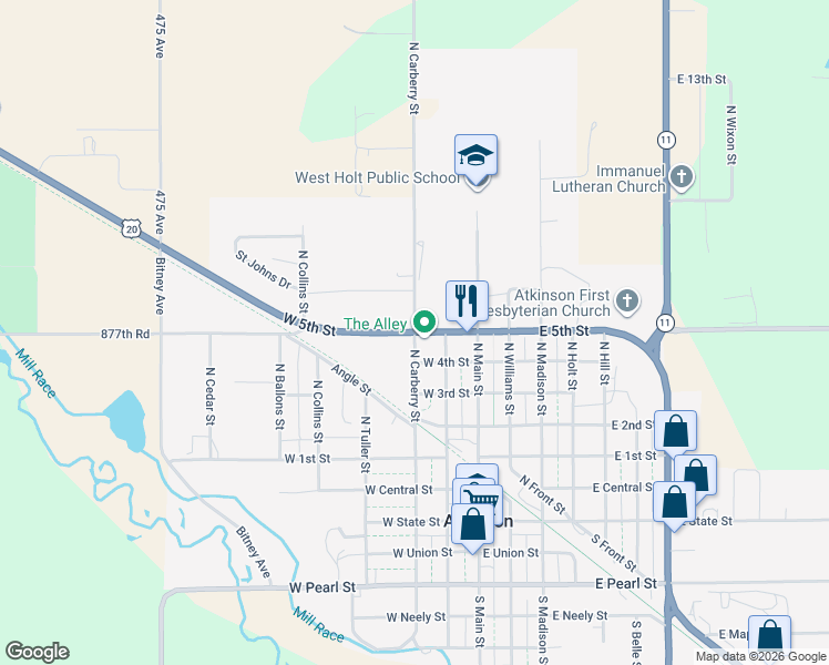 map of restaurants, bars, coffee shops, grocery stores, and more near 300 West 5th Street in Atkinson