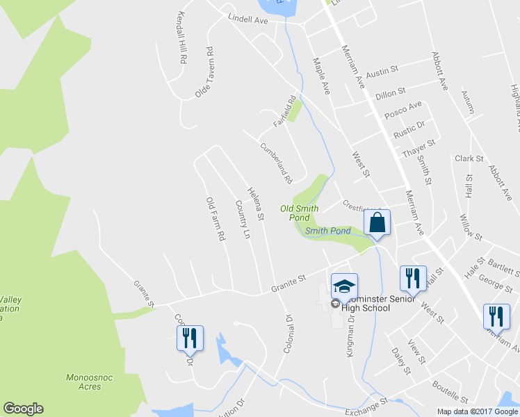 map of restaurants, bars, coffee shops, grocery stores, and more near 109 Helena Street in Leominster