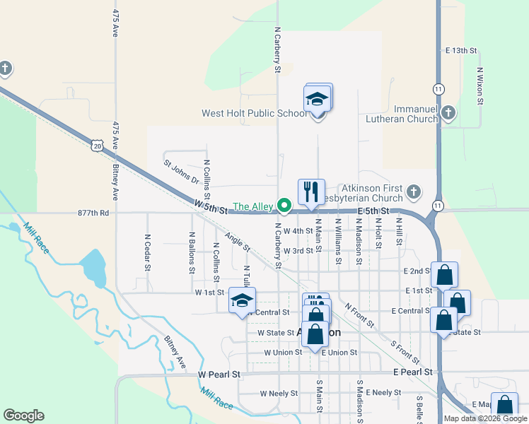 map of restaurants, bars, coffee shops, grocery stores, and more near 406 West 5th Street in Atkinson
