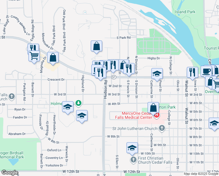 map of restaurants, bars, coffee shops, grocery stores, and more near 1604 West 2nd Street in Cedar Falls