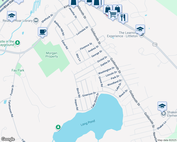 map of restaurants, bars, coffee shops, grocery stores, and more near 44 Orchid Drive in Littleton