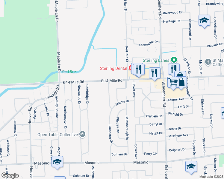 map of restaurants, bars, coffee shops, grocery stores, and more near 32832 Lancaster Drive in Warren