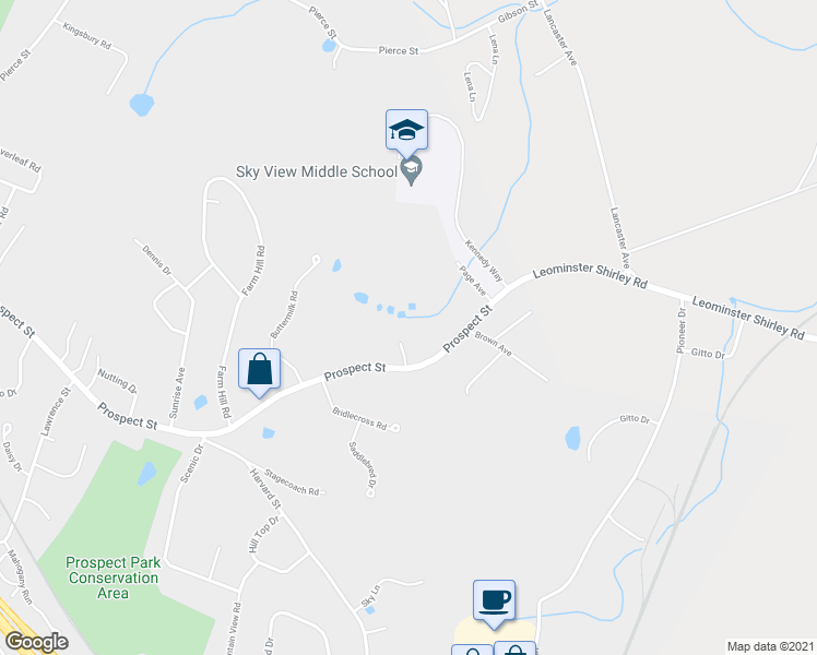 map of restaurants, bars, coffee shops, grocery stores, and more near 542 Prospect Street in Leominster