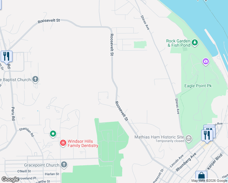map of restaurants, bars, coffee shops, grocery stores, and more near 2696 Roosevelt Street in Dubuque