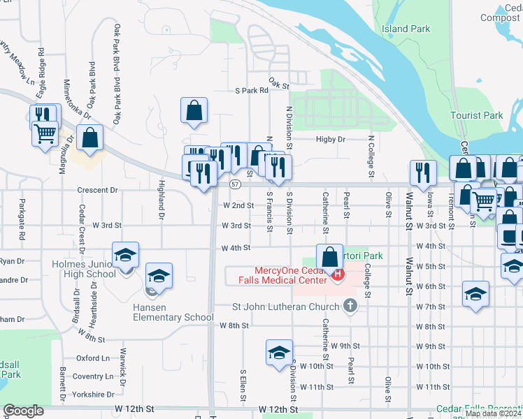 map of restaurants, bars, coffee shops, grocery stores, and more near 1408 West 2nd Street in Cedar Falls
