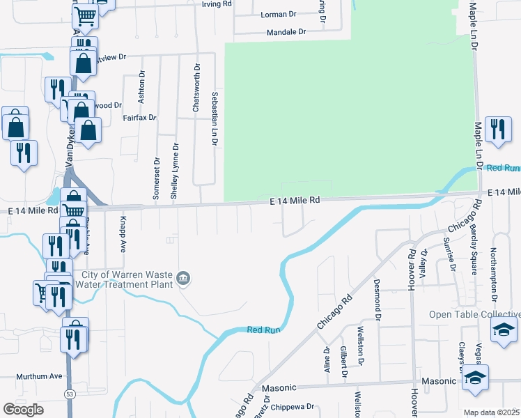 map of restaurants, bars, coffee shops, grocery stores, and more near 11100 East 14 Mile Road in Warren